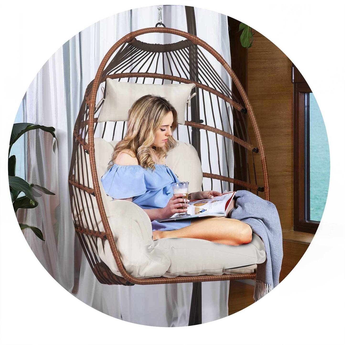 Luisiana hanging garden chair brown + beige cushions Sofotel