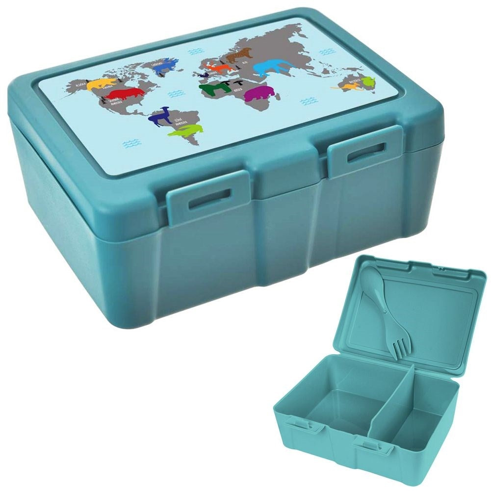 Lunch box with clip lock and world motif, two compartments, cutlery