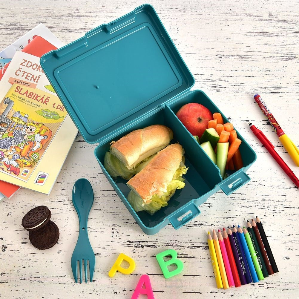 Lunch box with clip lock and world motif, two compartments, cutlery