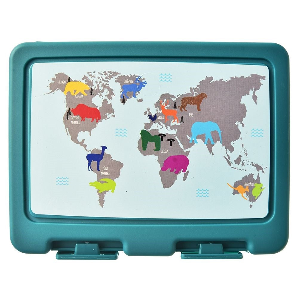 Lunch box with clip lock and world motif, two compartments, cutlery