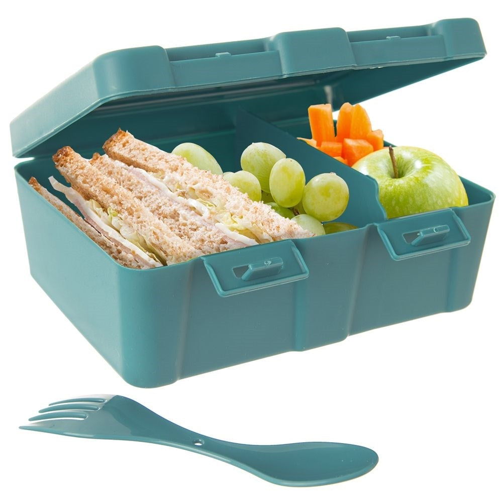 Lunch box with clip lock and world motif, two compartments, cutlery