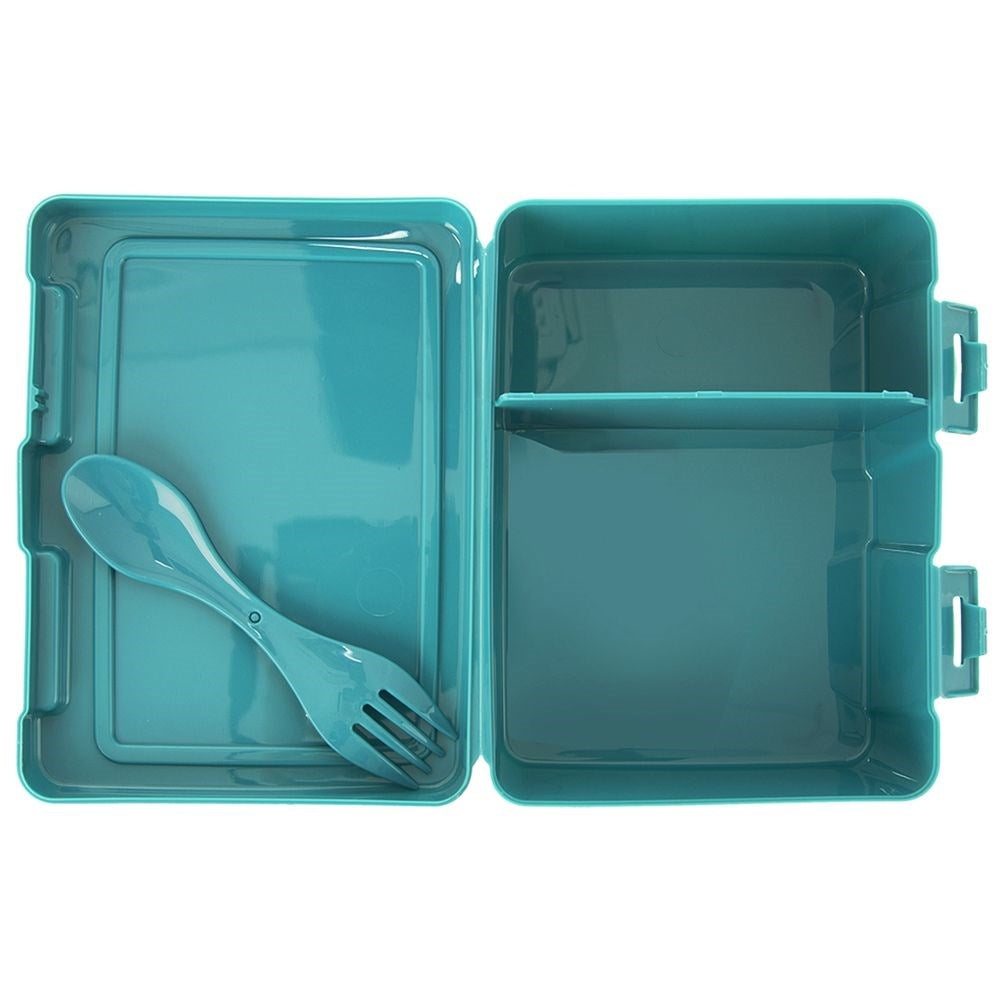 Lunch box with clip lock and world motif, two compartments, cutlery
