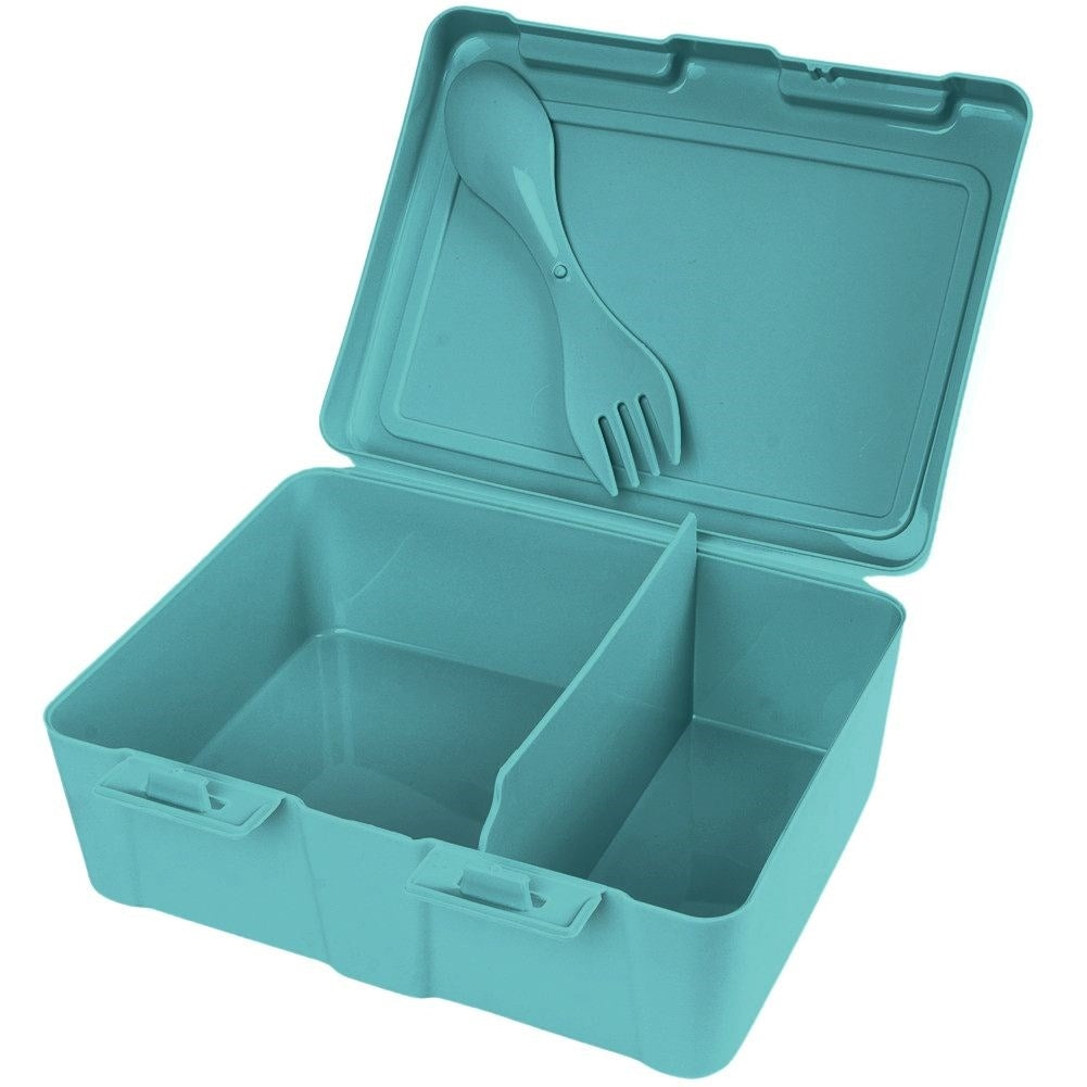Lunch box with clip lock and world motif, two compartments, cutlery