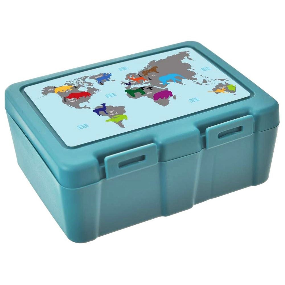 Lunch box with clip lock and world motif, two compartments, cutlery