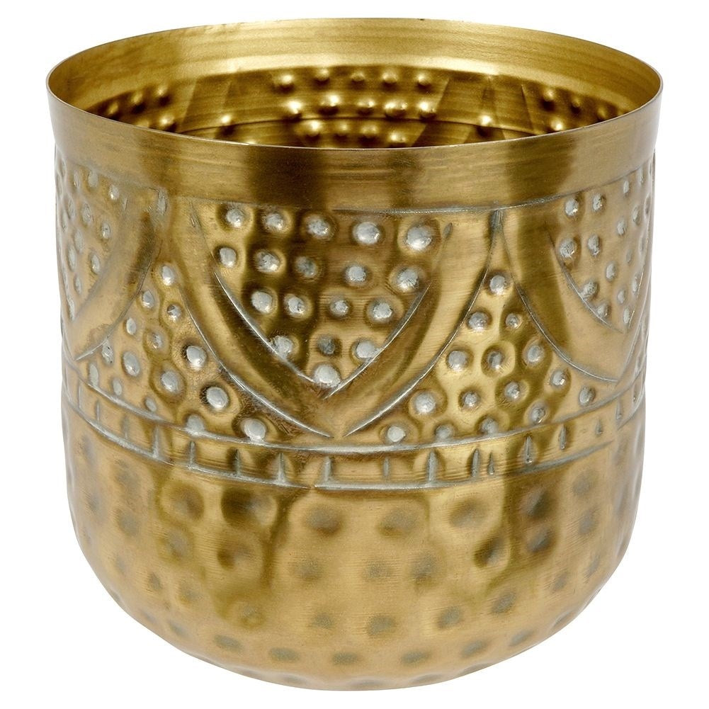 Luxurious flower pot in hammered brass with an elegant design