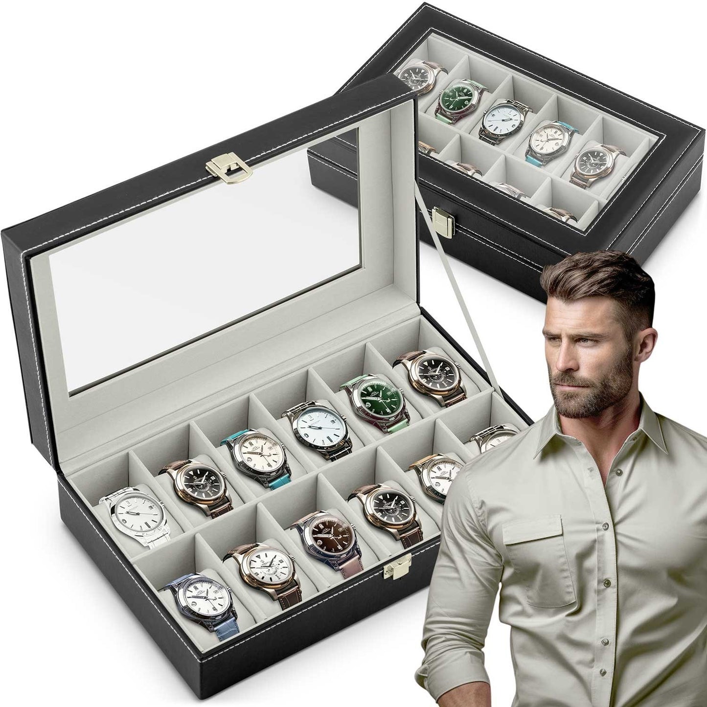 Luxury Watch Box for 12 Watches Massido MS-710 Black and Beige