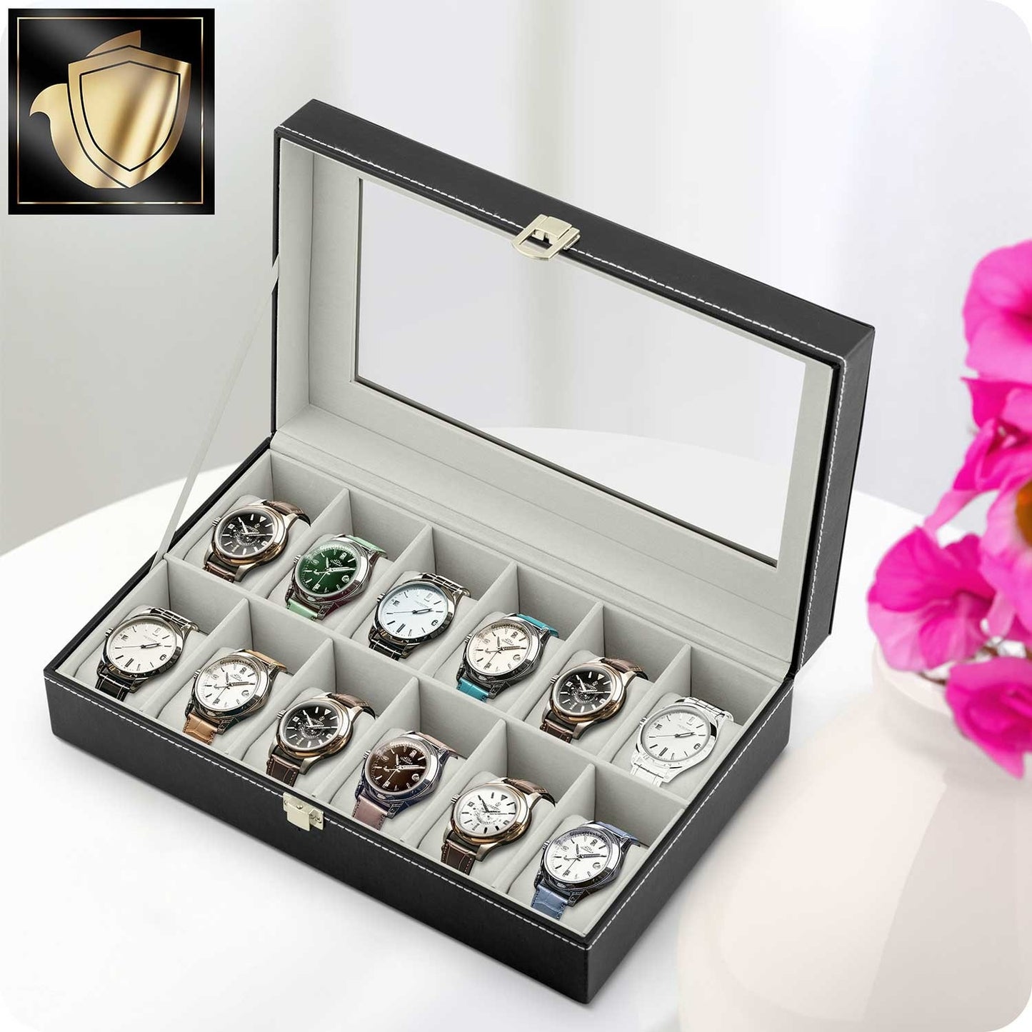 Luxury Watch Box for 12 Watches Massido MS-710 Black and Beige