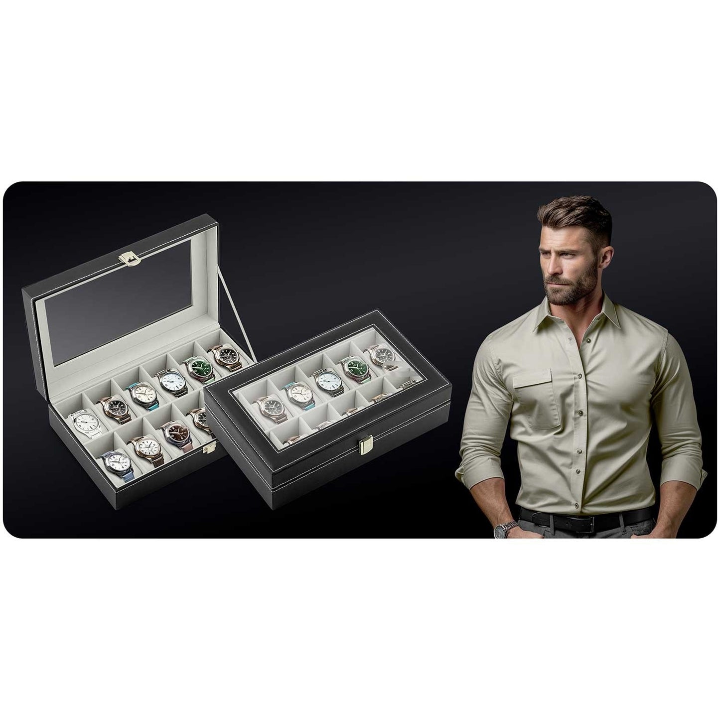 Luxury Watch Box for 12 Watches Massido MS-710 Black and Beige