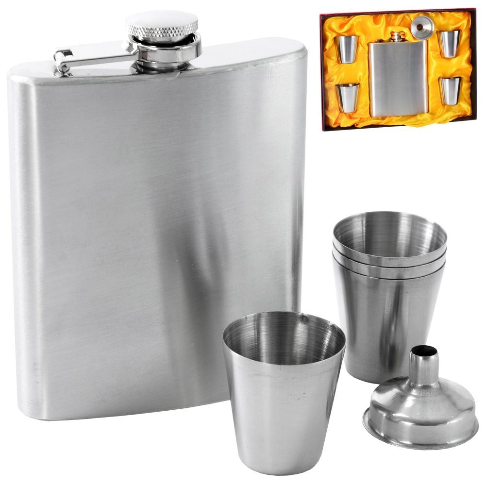 Luxury set: Pocket flask, 4 shot glasses & funnel in gift box