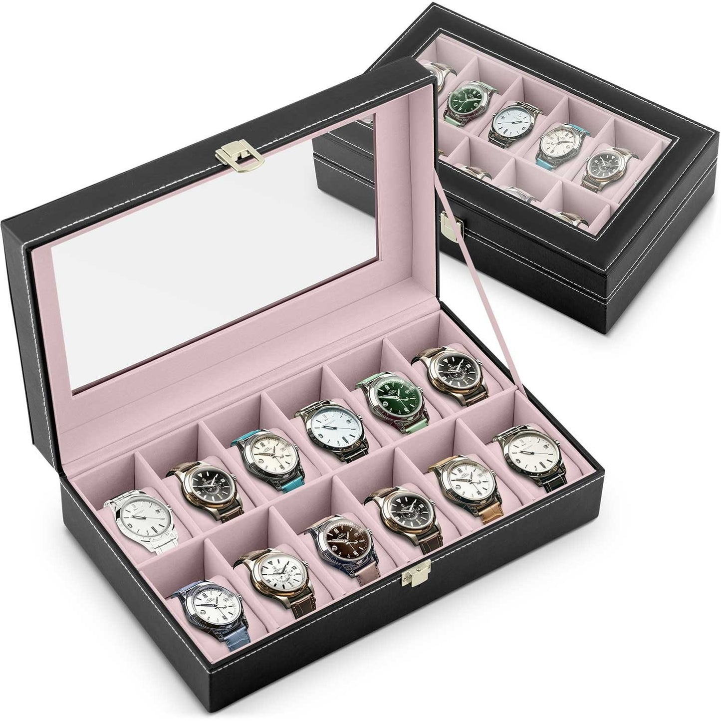 Luxury watch box for 12 watches Massido MS-710 Black/Salmon pink