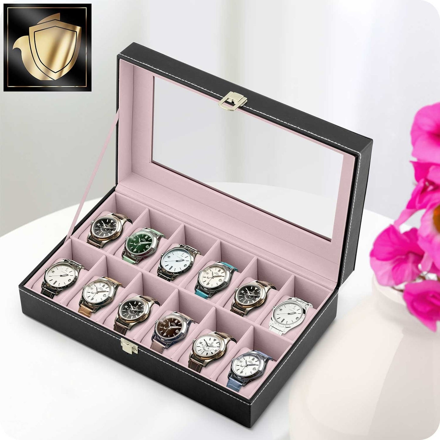 Luxury watch box for 12 watches Massido MS-710 Black/Salmon pink