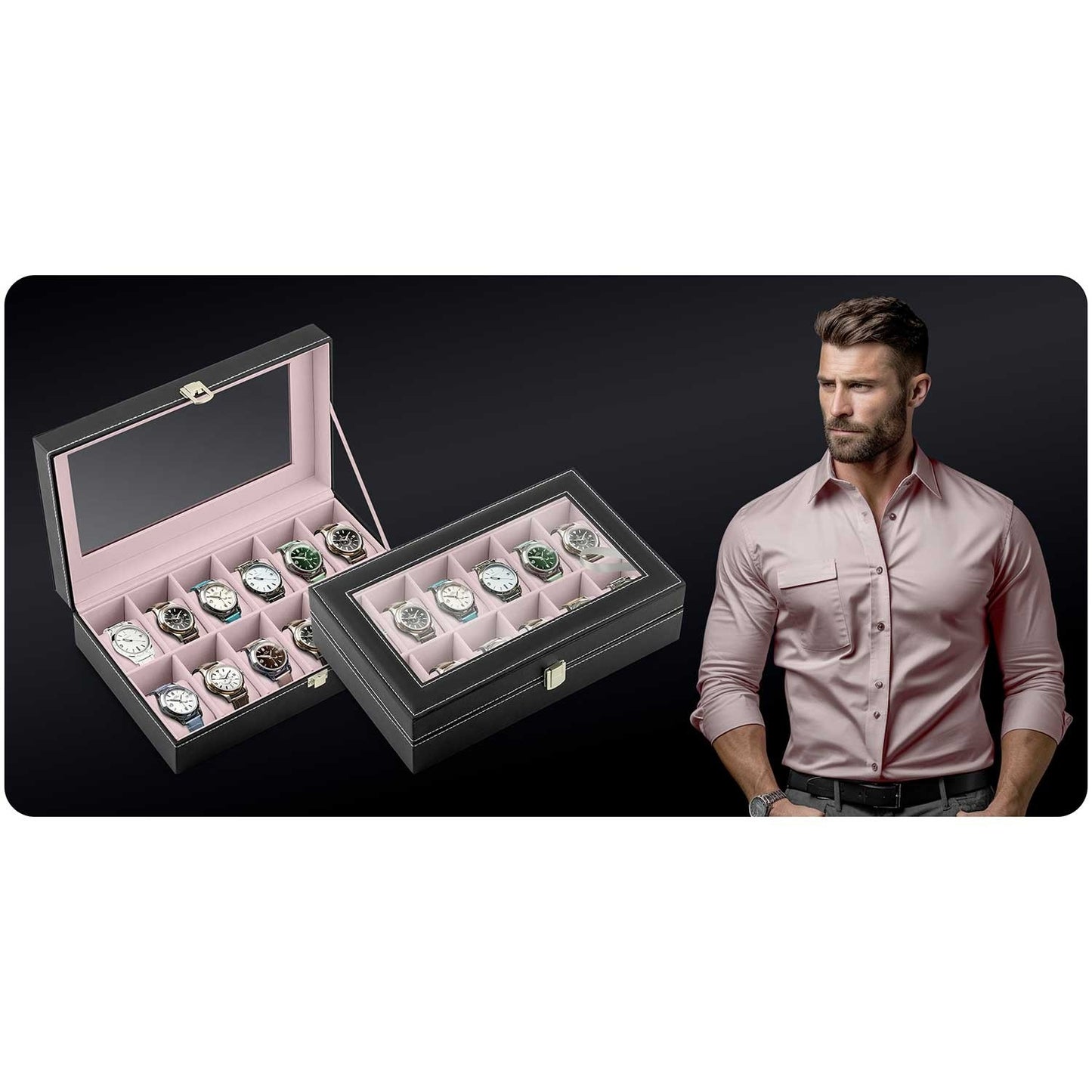 Luxury watch box for 12 watches Massido MS-710 Black/Salmon pink