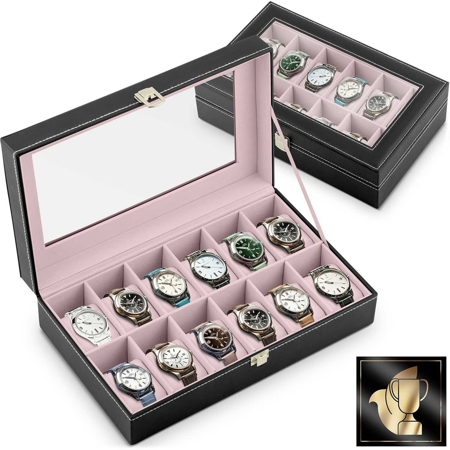Luxury watch box for 12 watches Massido MS-710 Black/Salmon pink