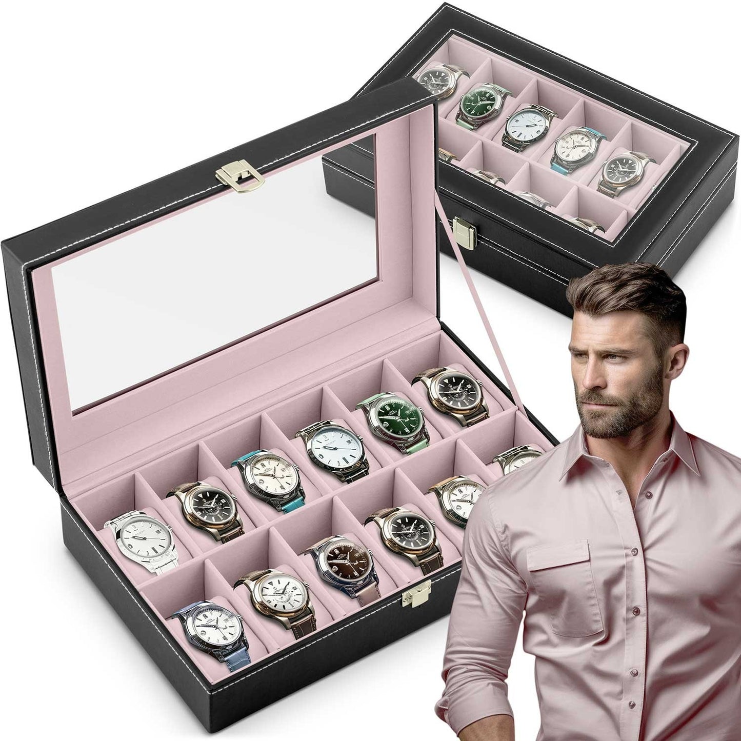 Luxury watch box for 12 watches Massido MS-710 Black/Salmon pink