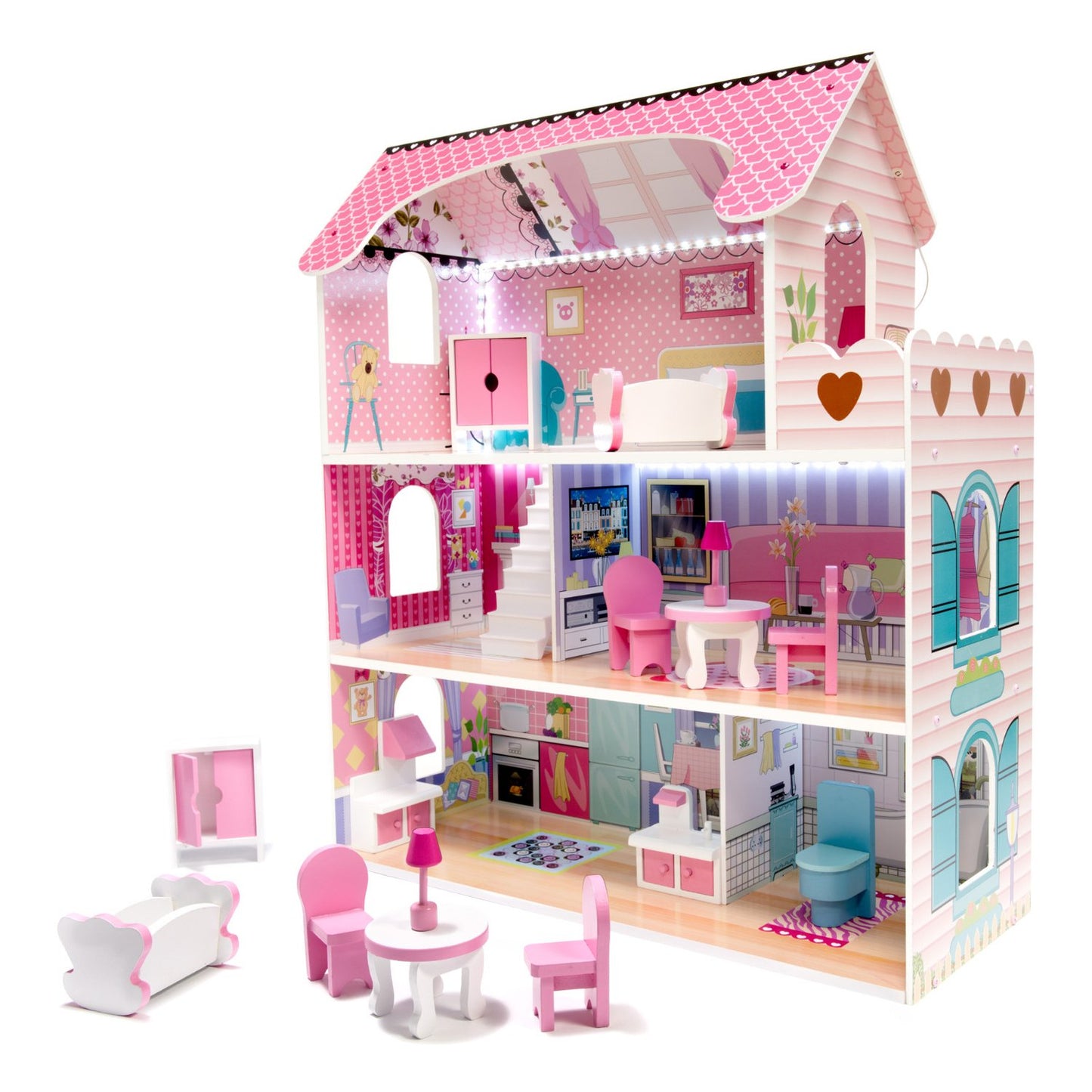 MDF wooden dolls' house + furniture 70cm pink LED