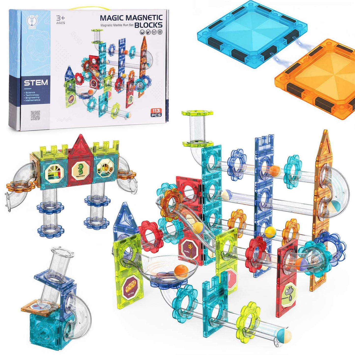 Magnetic 3D Marble Run Blocks Set, 113 Pieces