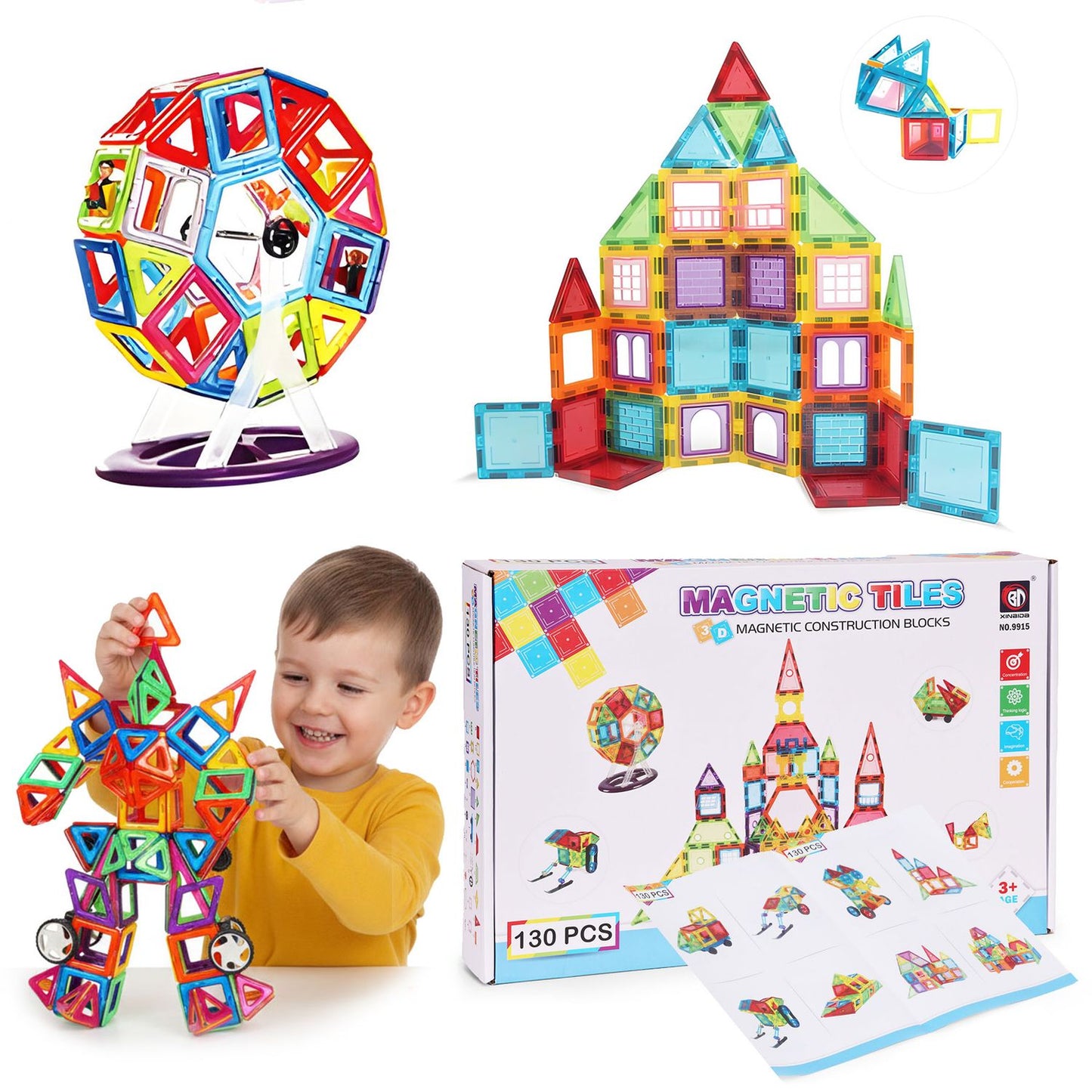 Magnetic Building Blocks Set, 130 Pieces, 3D & Vehicle Creation