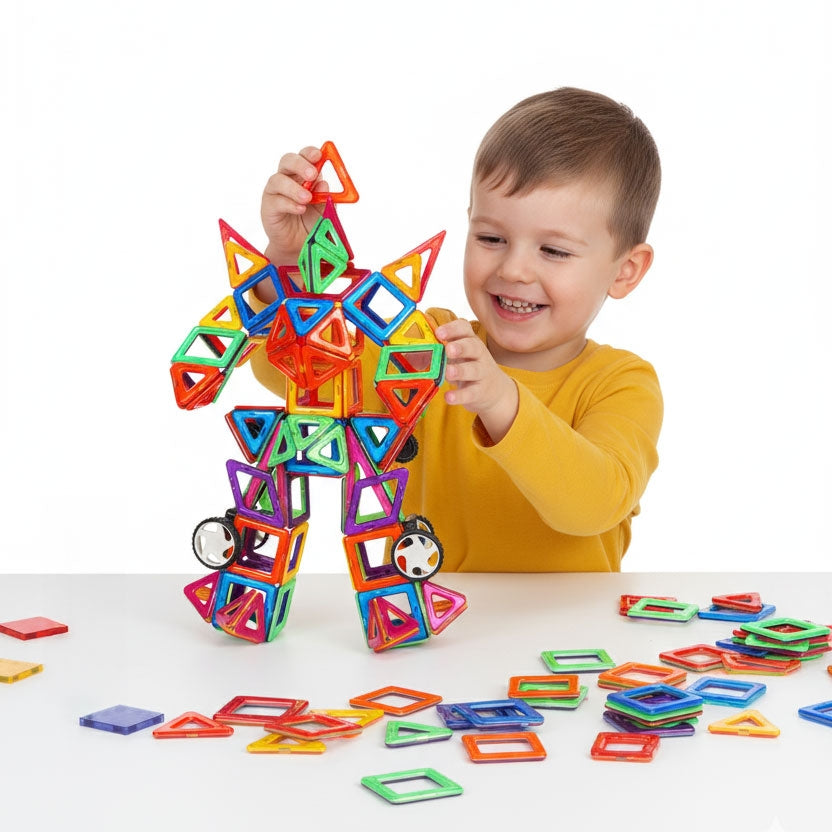 Magnetic Building Blocks Set, 130 Pieces, 3D & Vehicle Creation
