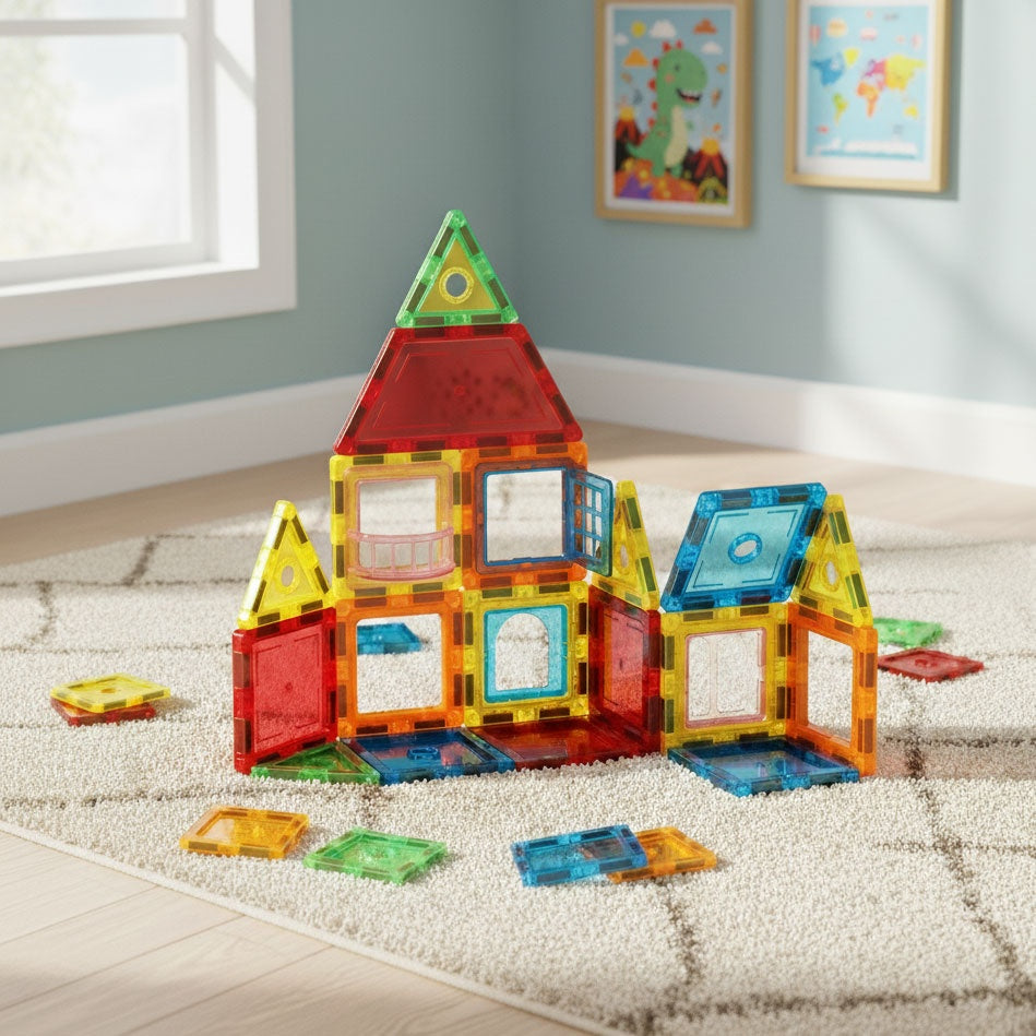 Magnetic Building Blocks Set, 130 Pieces, 3D & Vehicle Creation