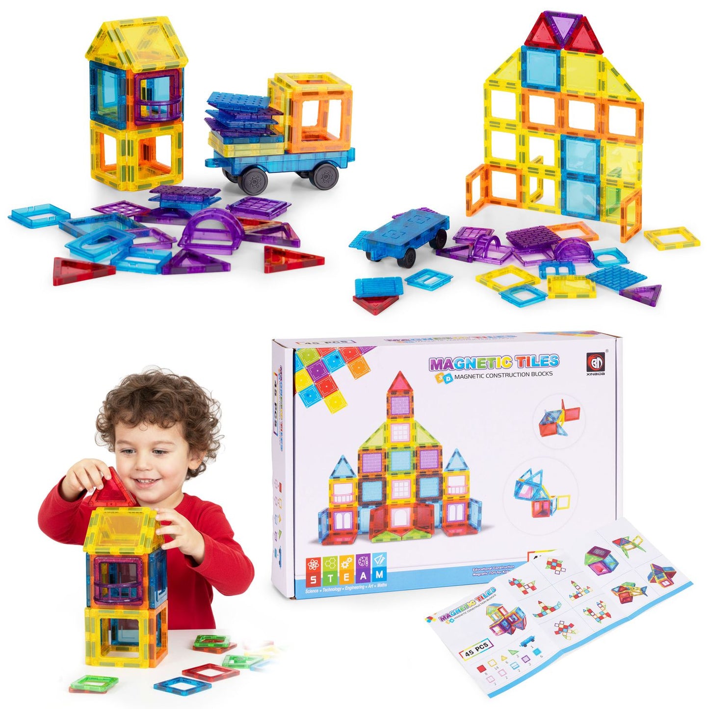 Magnetic Building Blocks Set, 45 Pieces, 3D & Vehicle Play