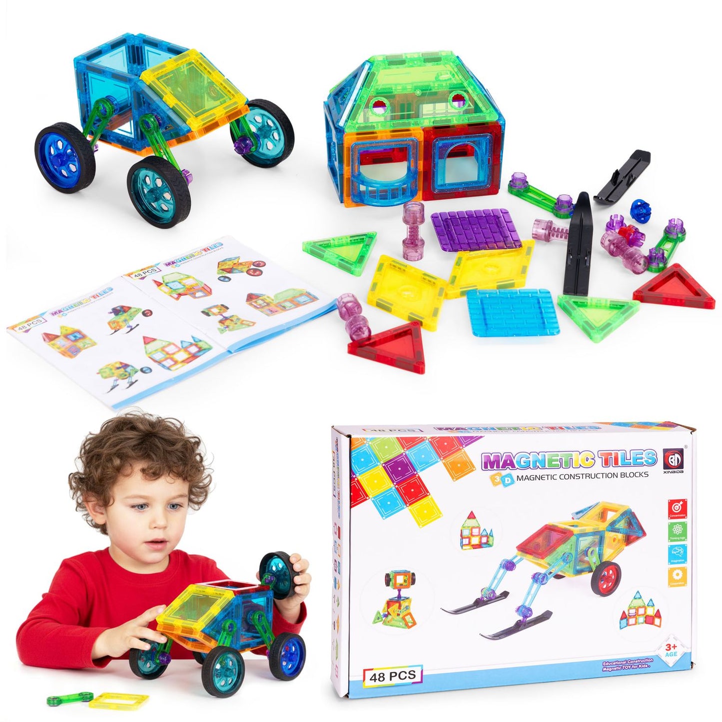 Magnetic Building Blocks Set – 48 Pieces, 3D & Vehicle Play