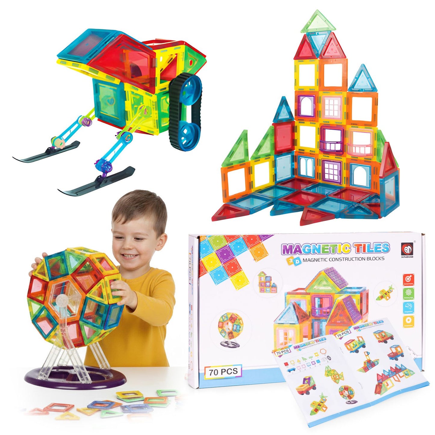 Magnetic Building Blocks Set, 70 Pieces, 3D Construction