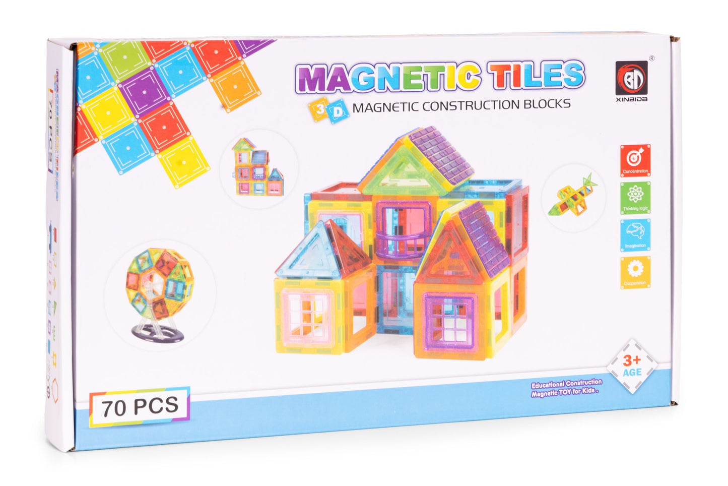 Magnetic Building Blocks Set, 70 Pieces, 3D Construction