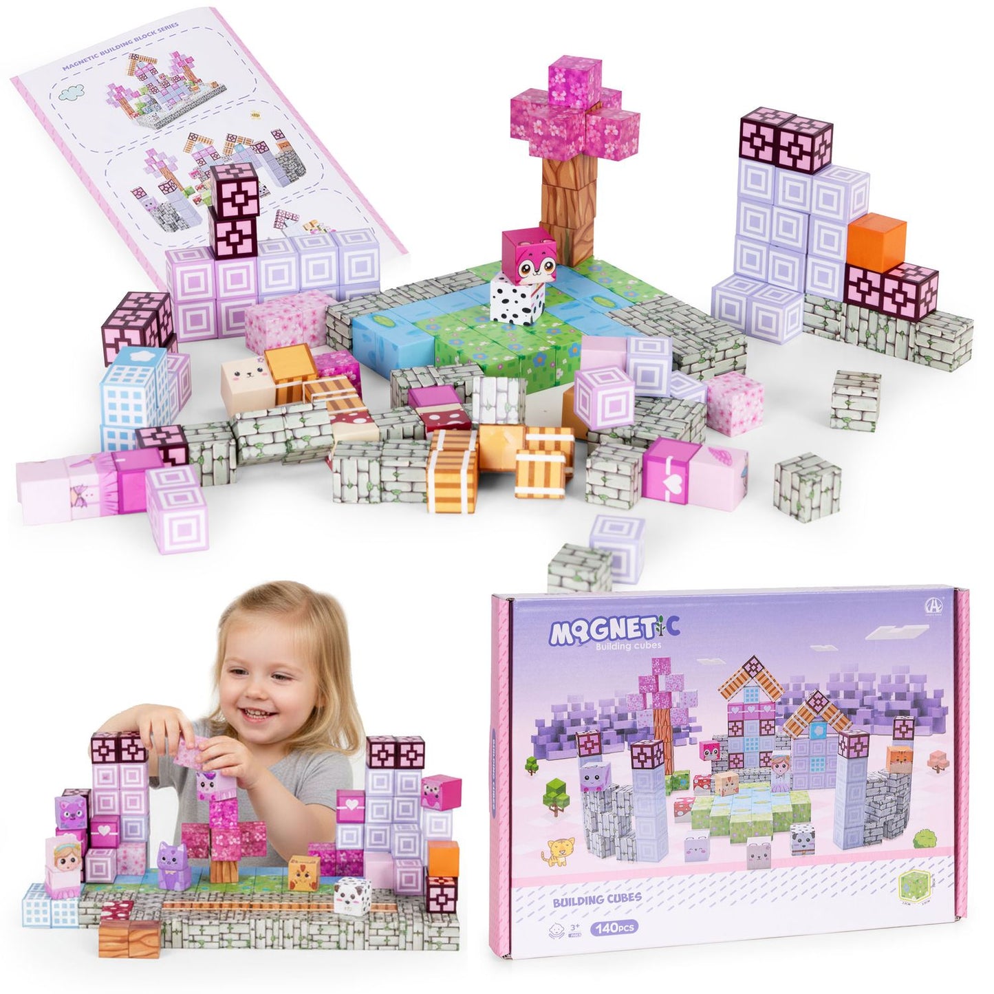 Magnetic Building Blocks for Kids, 140 Pieces, Pink