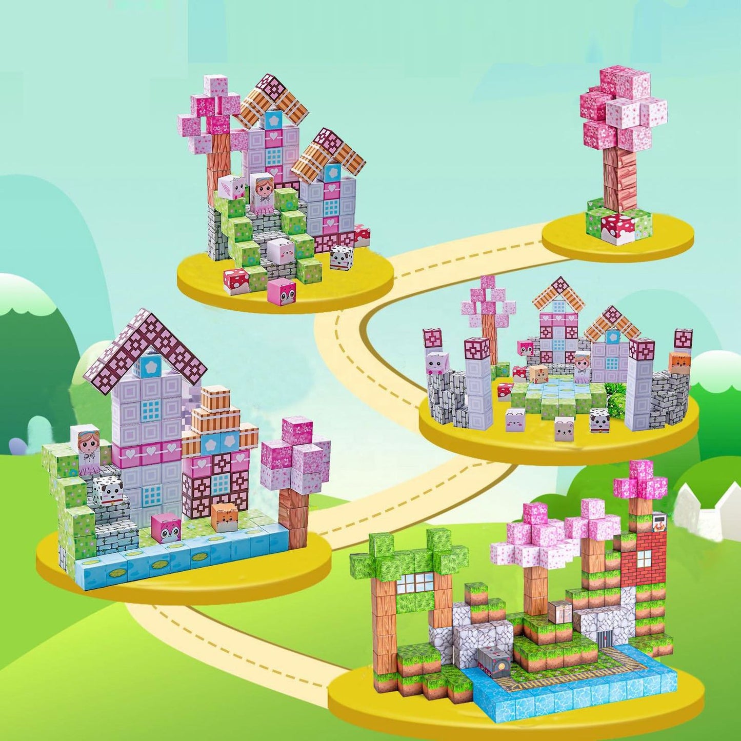 Magnetic Building Blocks for Kids, 140 Pieces, Pink