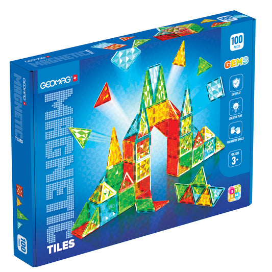 Magnetic Building Tiles Set, 100 Pieces, Gem Pattern