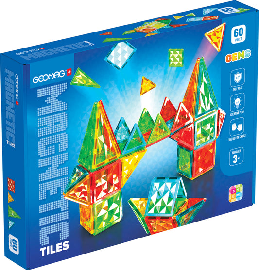 Magnetic Building Tiles Set, 60 Pieces, Gem Pattern