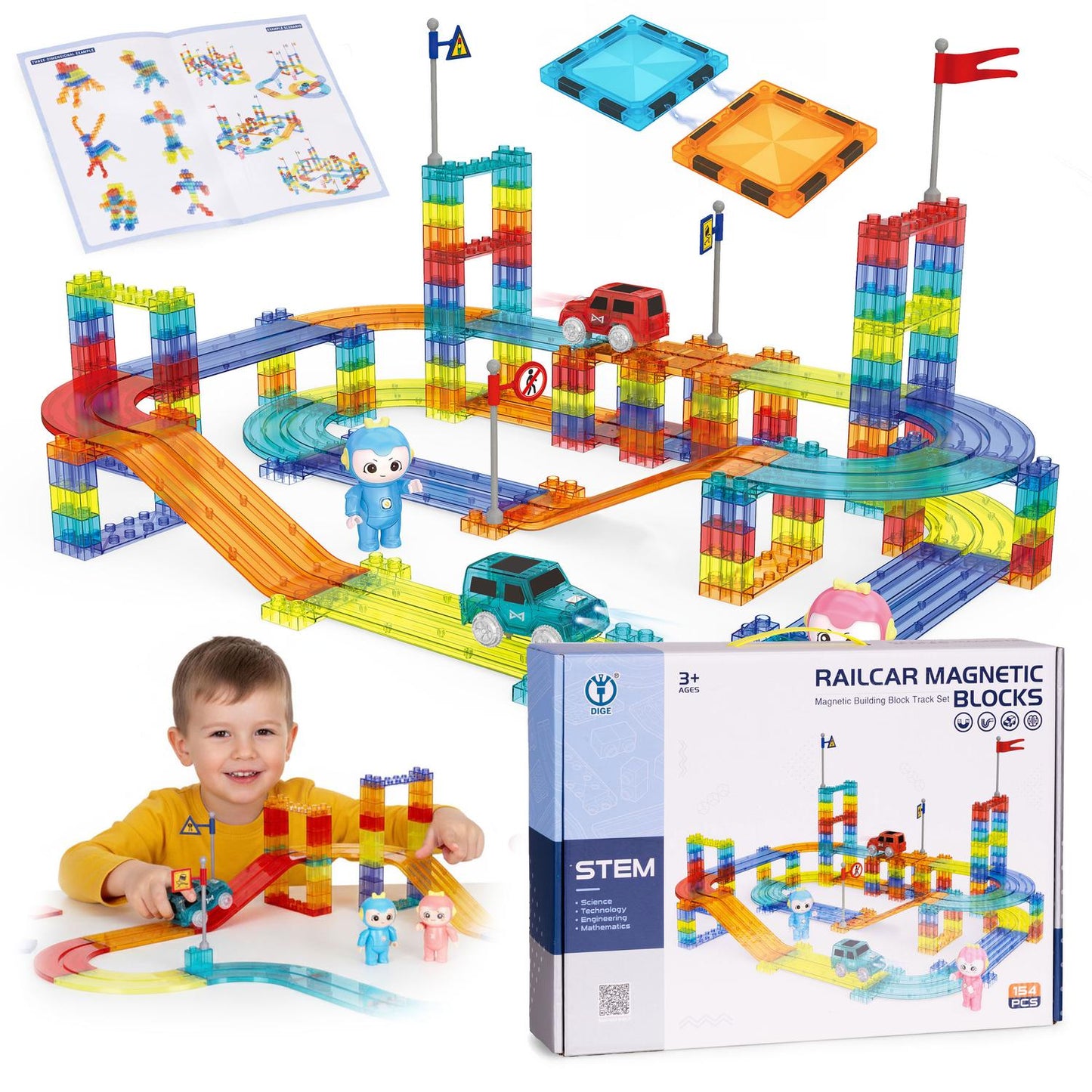 Magnetic Car Track Set with 154 Pieces & LED Cars