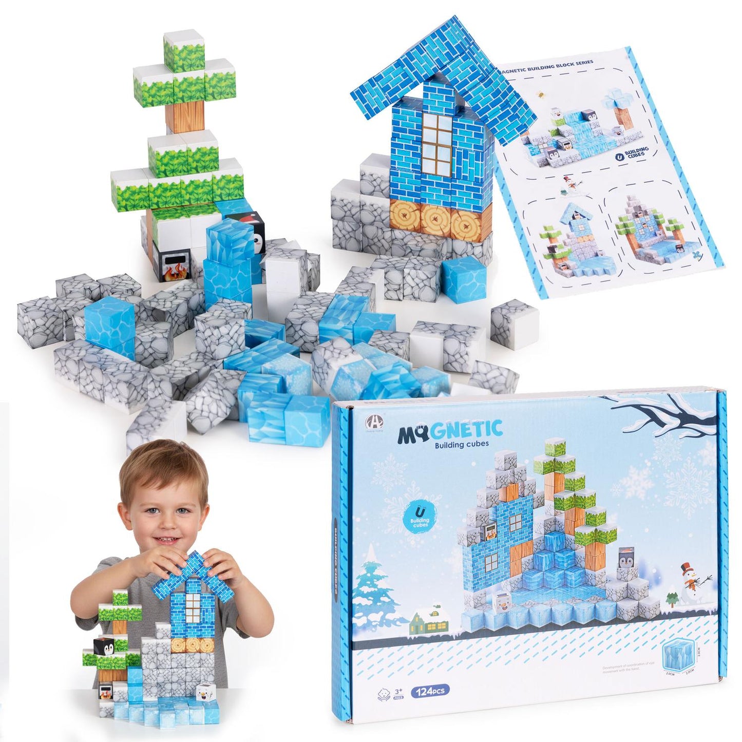 Magnetic Construction Blocks Set, 124 Pieces, Ages 3+