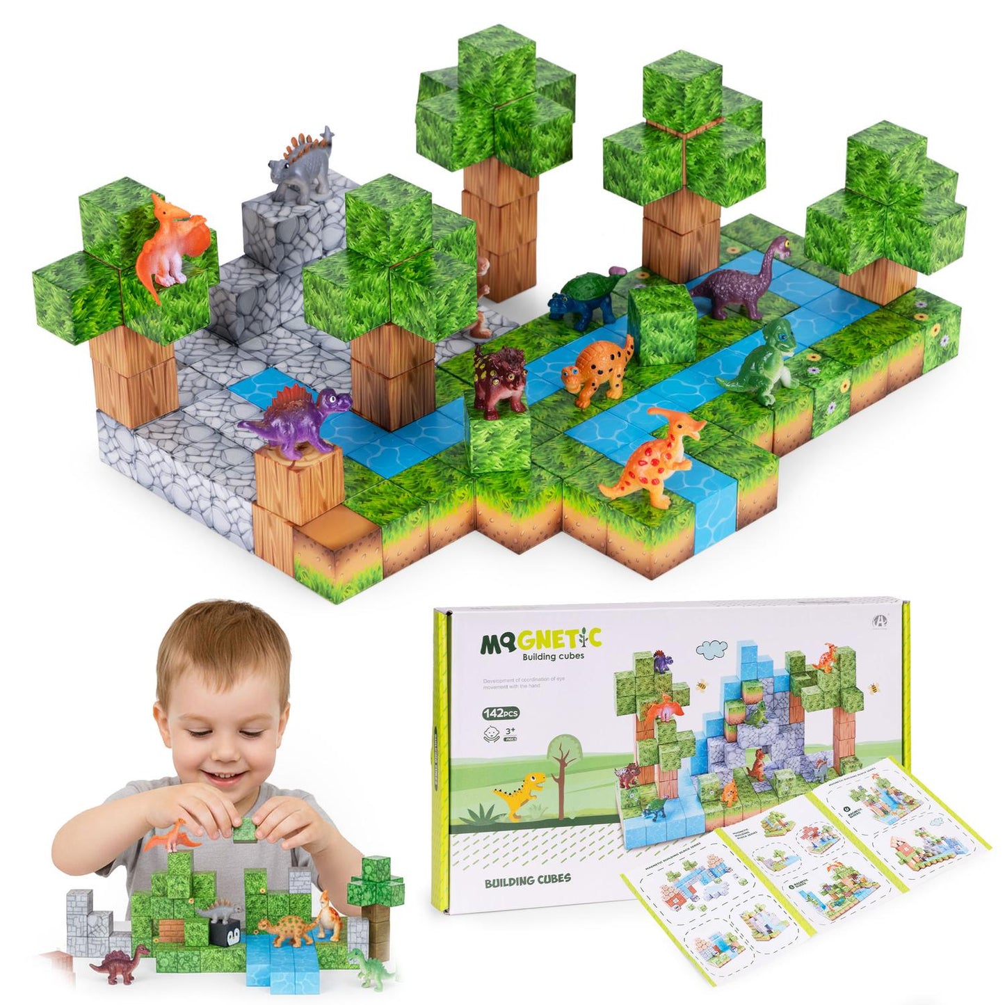 Magnetic Construction Blocks Set, 142 Pieces, Dinosaur Figures