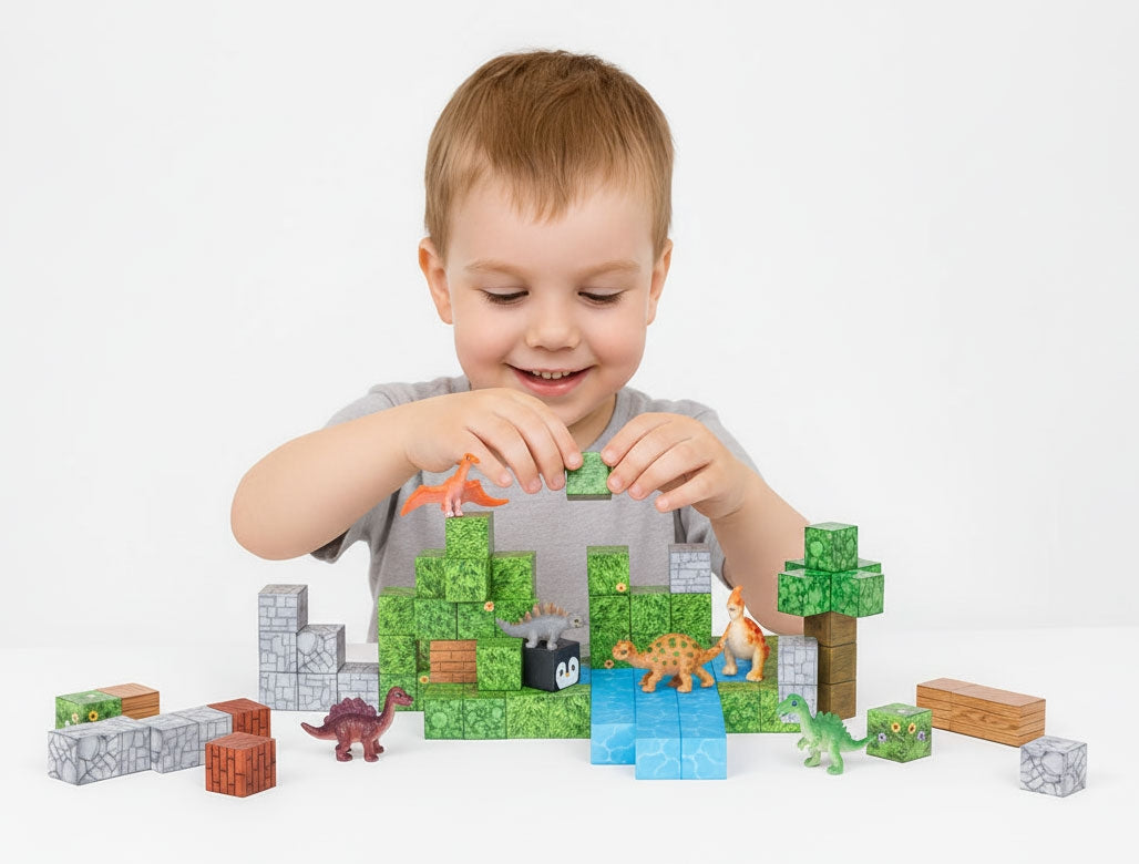 Magnetic Construction Blocks Set, 142 Pieces, Dinosaur Figures