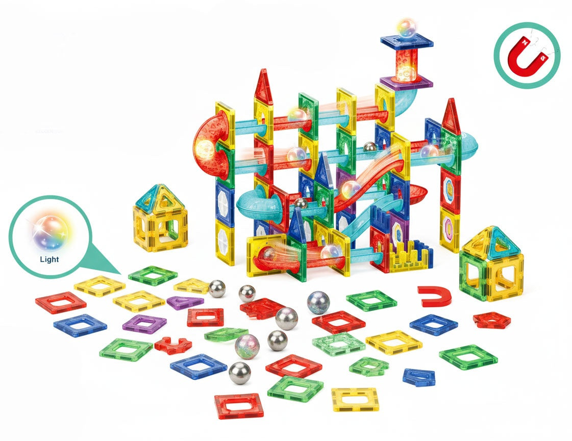 Magnetic LED Marble Run Blocks, 105 Pieces, Ages 3+