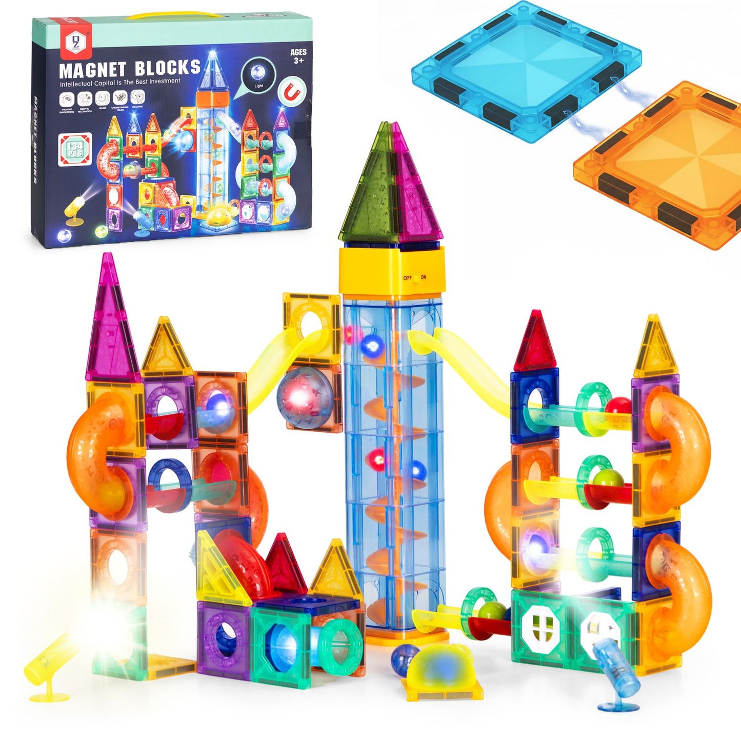 Magnetic LED Marble Run Blocks – 134 Pieces, Ages 3+