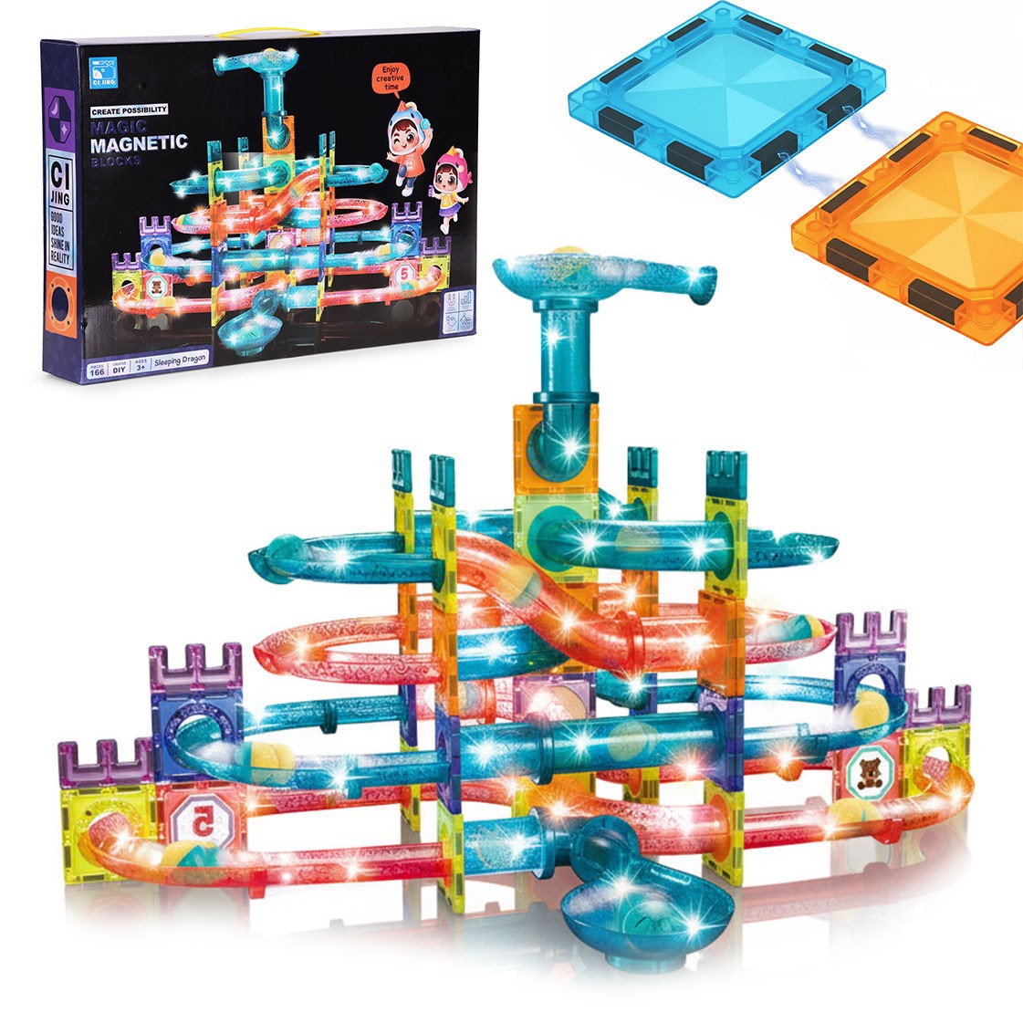 Magnetic LED Marble Run Set – 166 Pieces, 3D Building