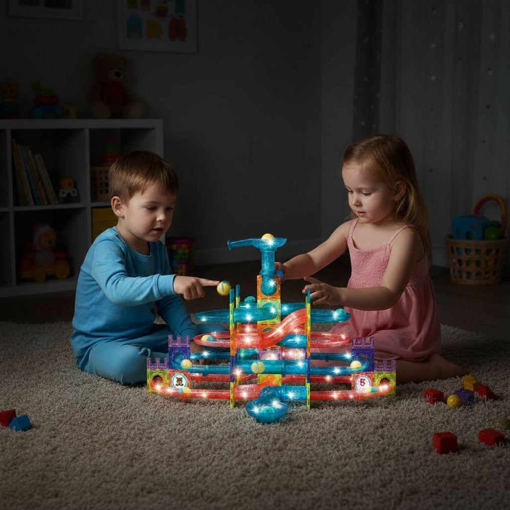 Magnetic LED Marble Run Set – 166 Pieces, 3D Building