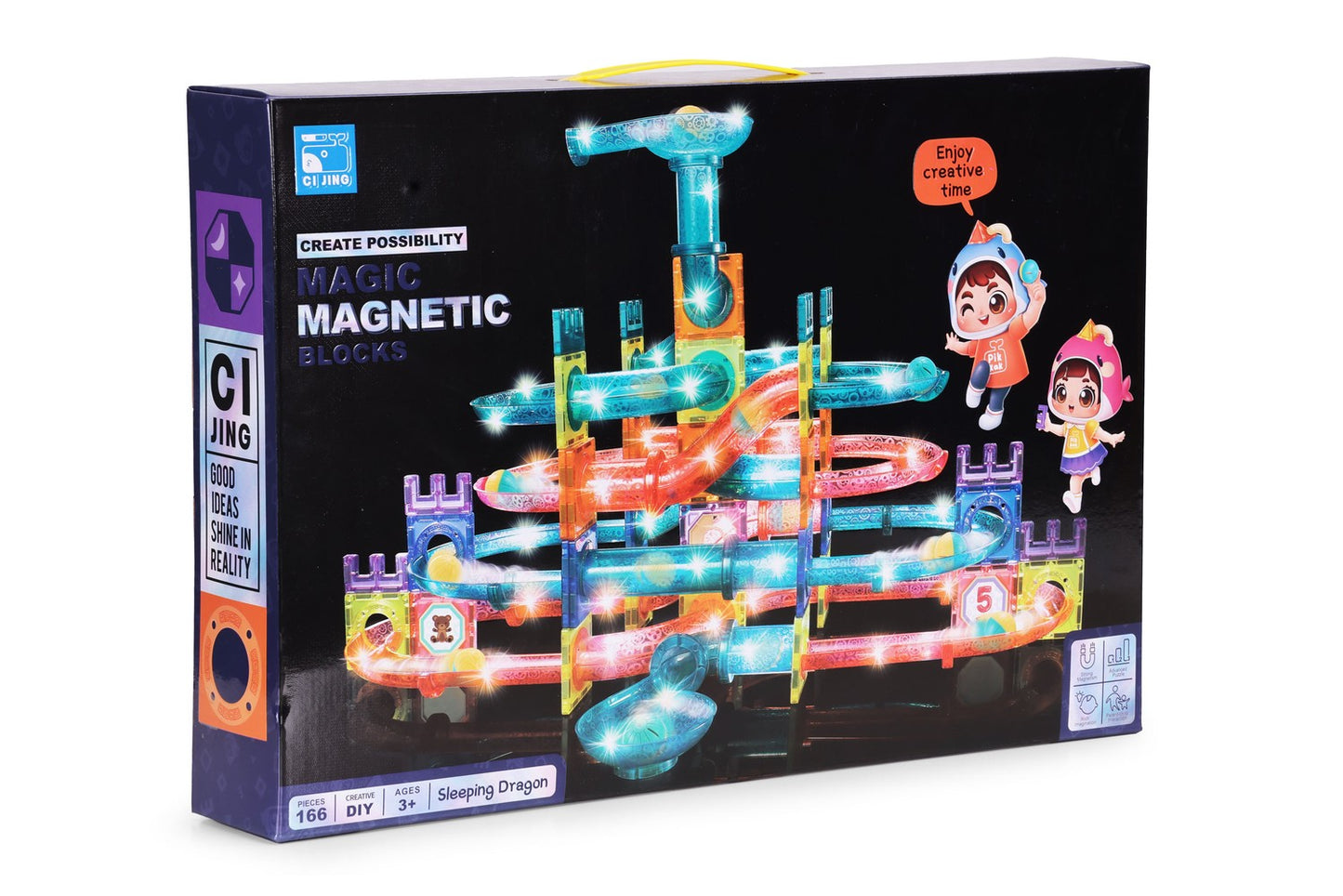 Magnetic LED Marble Run Set – 166 Pieces, 3D Building