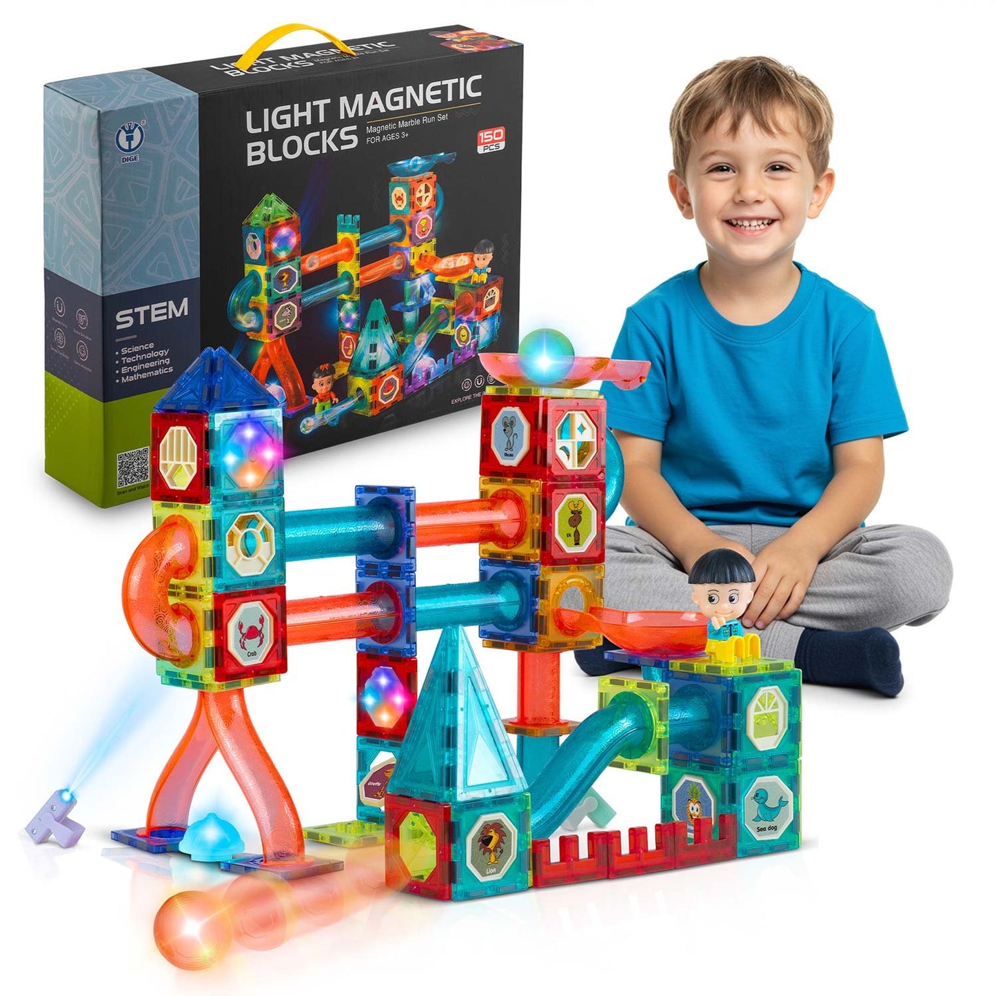 Magnetic educational construction blocks with light, 150 pieces, RK-782 Ricokids