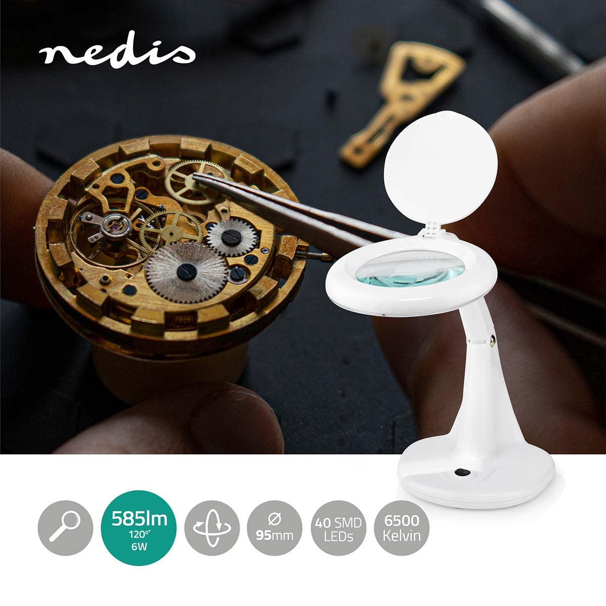 Magnifying glass Table lamp | Lens strength: 3 + 12 Diopter | 6500 K| 6.5 W| 585 lm | White