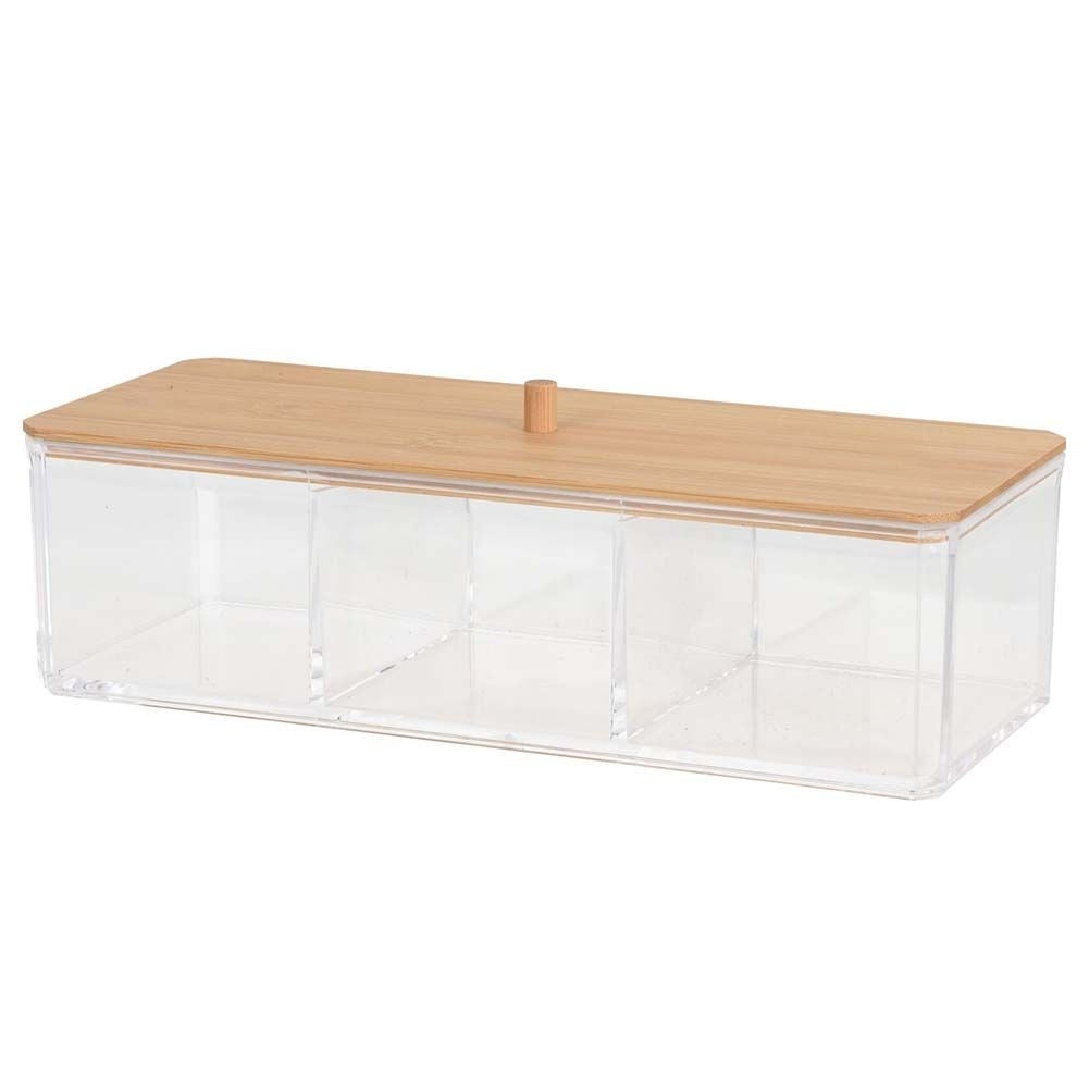 Makeup organizer in durable acrylic with bamboo lid, three compartments