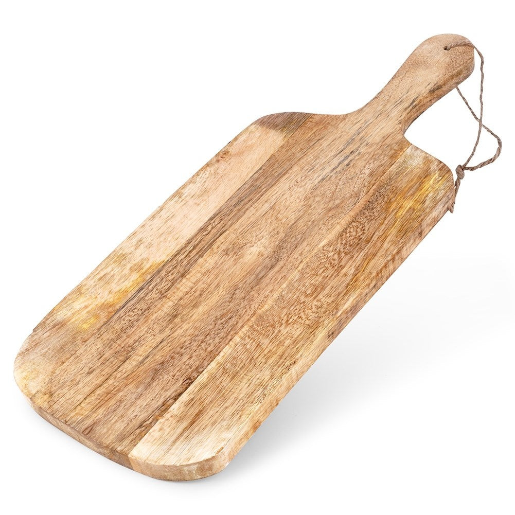 Mango wood cutting board with handle, perfect for serving.