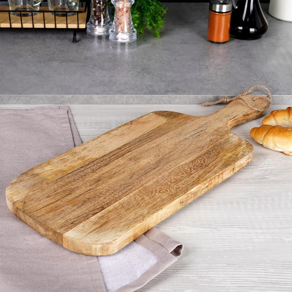 Mango wood cutting board with handle, perfect for serving.