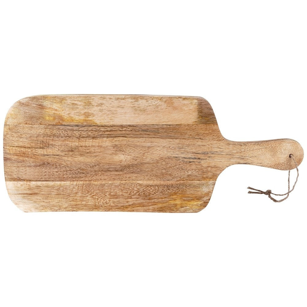 Mango wood cutting board with handle, perfect for serving.