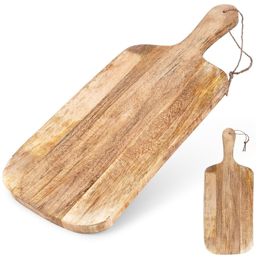 Mango wood cutting board with handle, perfect for serving.