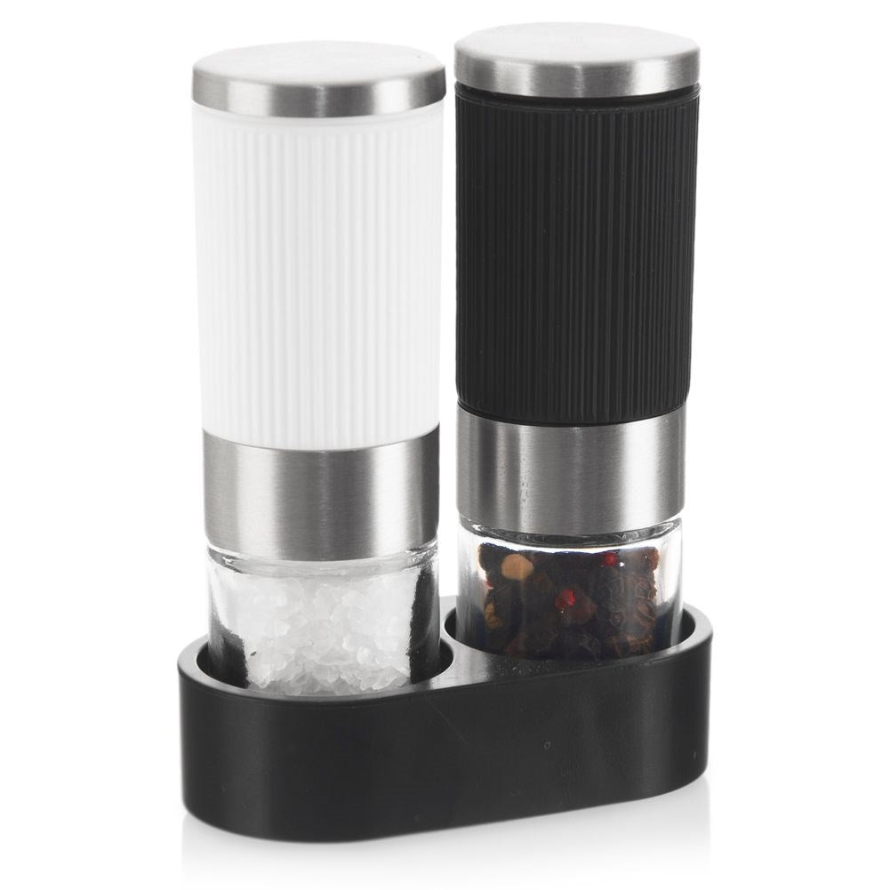 Manual salt and pepper mills with stand and adjustable grinding