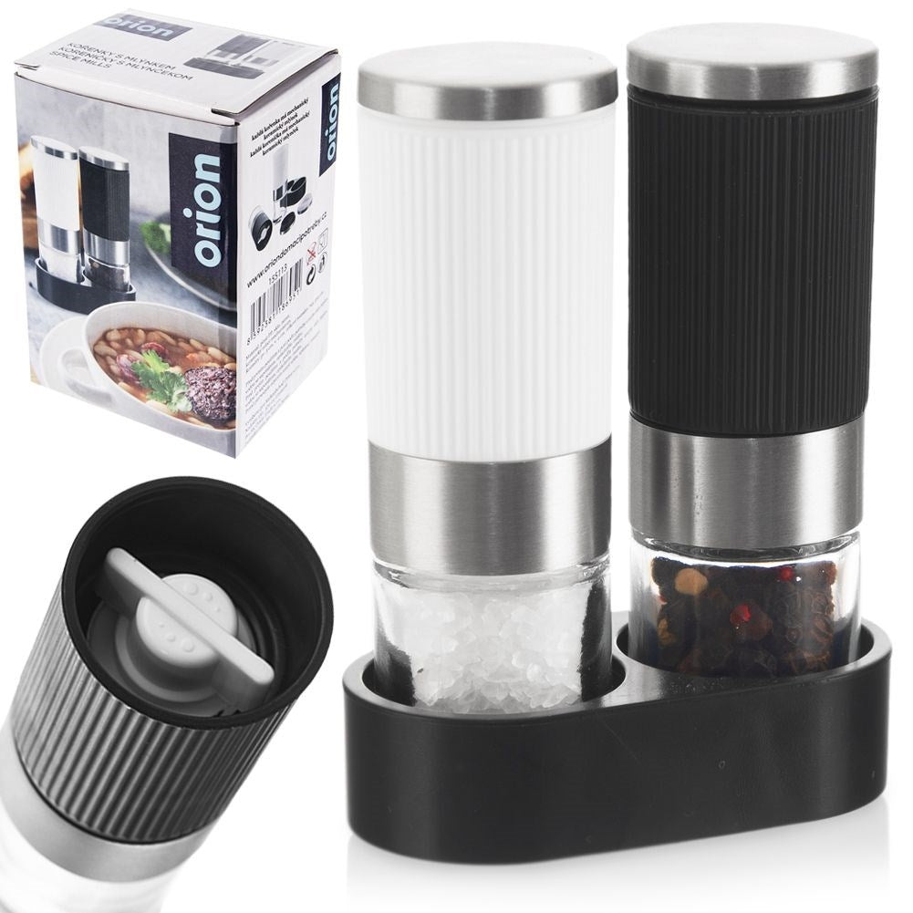 Manual salt and pepper mills with stand and adjustable grinding