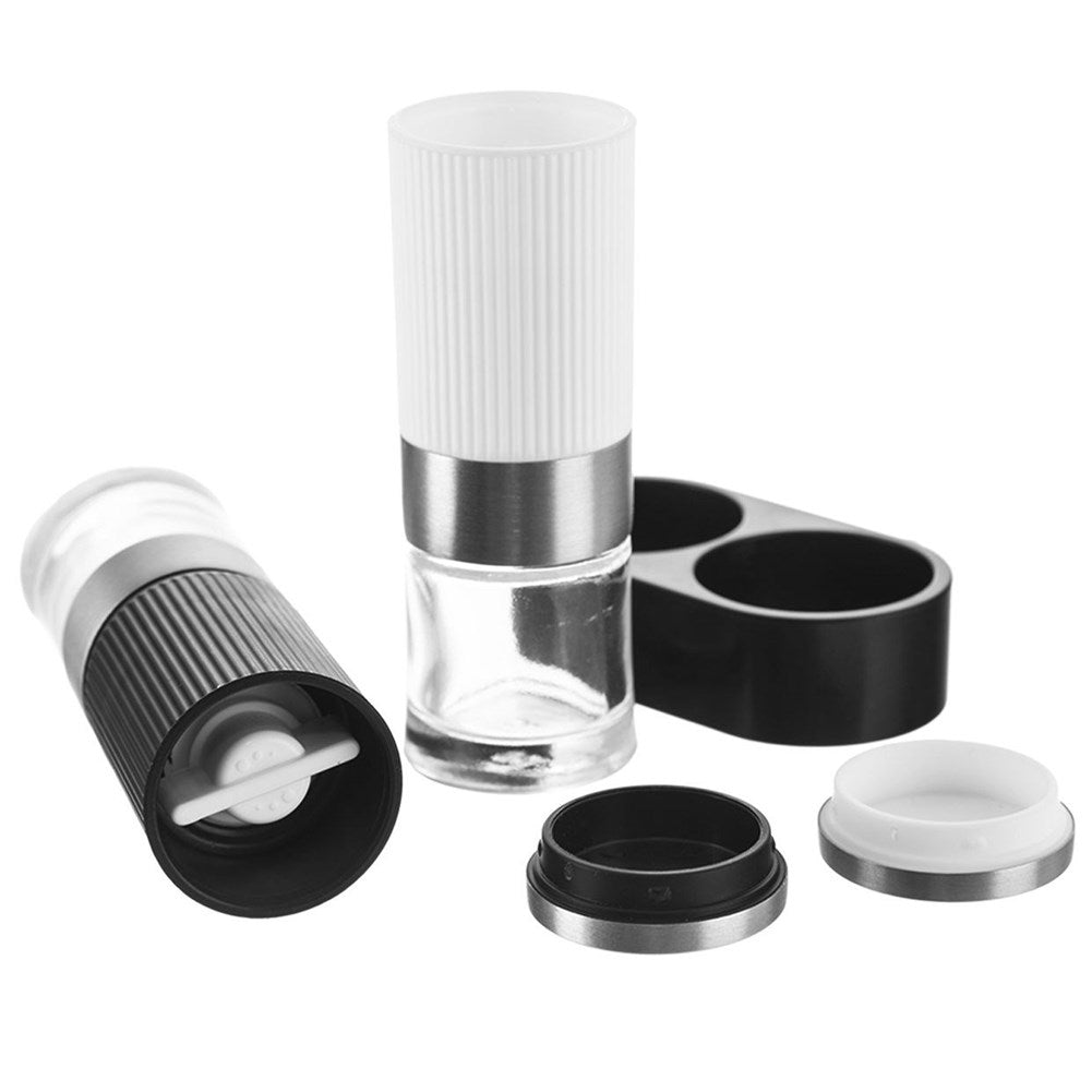 Manual salt and pepper mills with stand and adjustable grinding